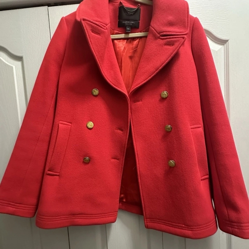 J Crew Red Pea Coat Classic Wool Blend
